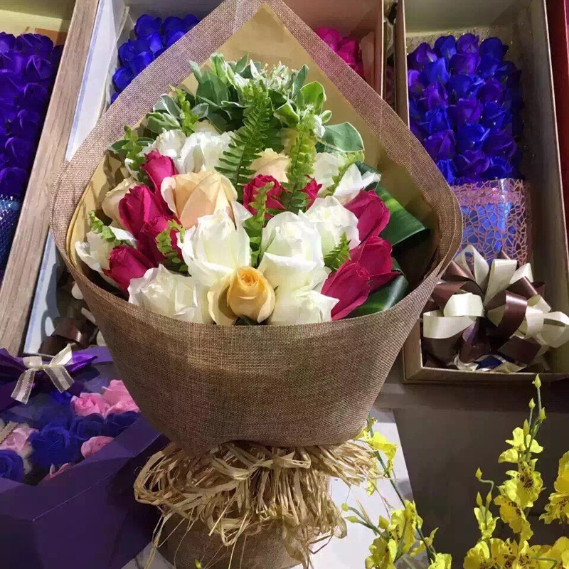 端午节亚麻布复古彩麻片鲜花包装纸花束材料仿麻包花纸花店批发