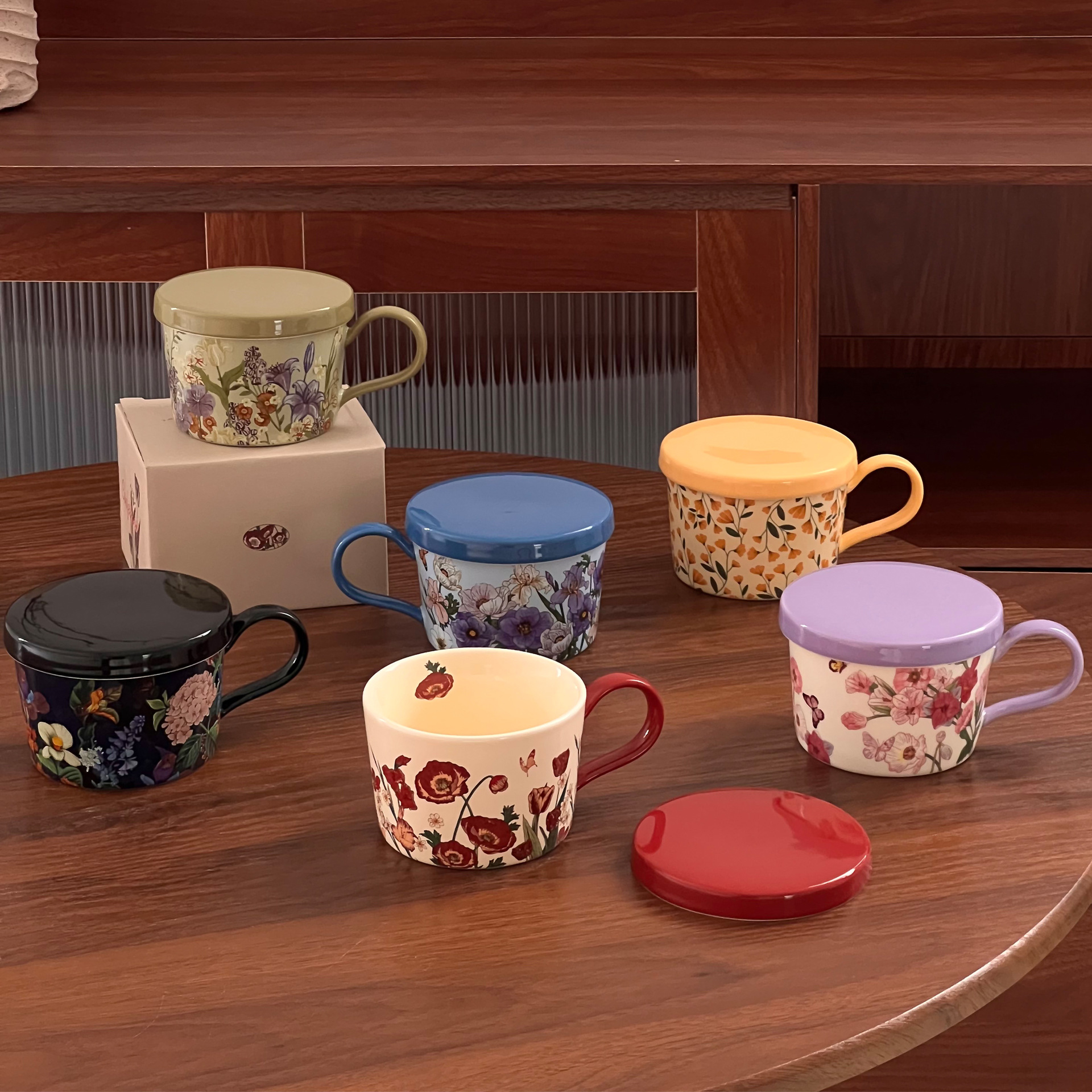 Retro pinturas al óleo de flores de conejo tazas de café y platos de cerámica tazas de café caja de regalo para el hogar diario