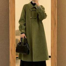 绿色大衣女秋冬季高级感2025新款爆款小个子中长款赫本风毛呢外套