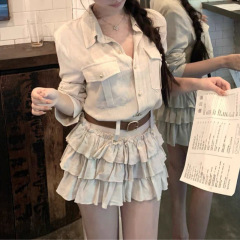 松弛holiday法式松弛感亚麻正肩衬衫上衣蛋糕裙两件套