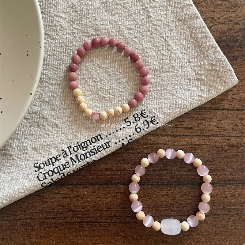 Simple Bracelet New Chinese Niche Girlfriend Bracelet Advanced Cool Color Natural Stone Pink Cold Door Rose Bracelet