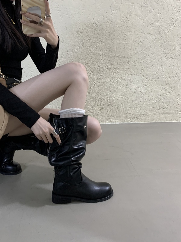 韩版设计感褶皱瘦瘦靴女2025秋季新款复古风高筒堆堆靴|undefined