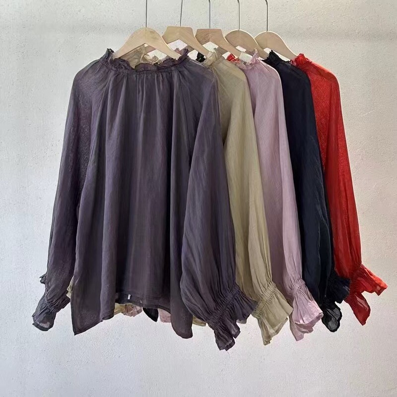 2025 Original Spring and Summer New Artistic Lace Collar Adjustable Back Lace-up Loosen Trumpet Sleeve Small Shirt Top for Women