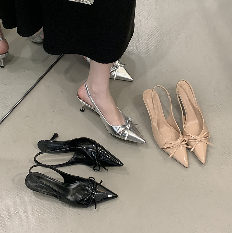 2025 Autumn New Style Pointed Toe Leather Bowknot Strap Stiletto Heels Fashionable Commuter Professional Women's Shoes