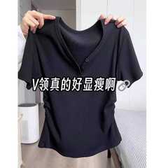 純綿の不規則なvネックの肩の半袖tシャツの女性の夏の大きいサイズの太ったmmはお腹を遮って身を修めて腰の短い上着を収めます。