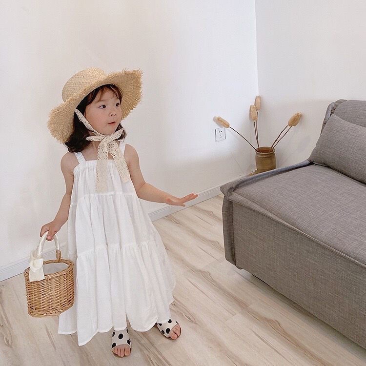 Girls Summer Dress Baby Fashionable Kidsren's Stylish Trendy Brand Korean Style White Beach Sweet Princess Suspender Skirt