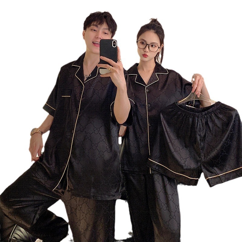 Pijamas de pareja de Mickey negro pantalones de manga corta de seda de hielo de verano para hombres y mujeres de seda real ropa de casa de tres piezas de verano