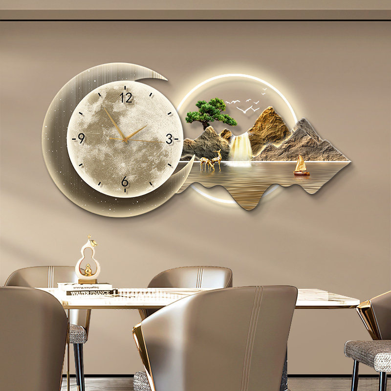 Decoración del comedor Reloj Reloj silencioso Reloj colgante Luz lujoso Pintura de lujo de alto nivel Pintura luminosa del comedor Pintura colgante Pintura mural de paisaje