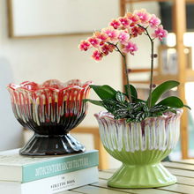 跨境专供网红流釉火锅盆老桩大口径花插摆件绿植高桩盆工艺品批发