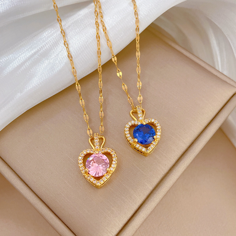 304 Stainless Steel Chain Material coffee bean chain Chain Type 1 Piece Quantity Simple Style Heart Shape Stainless Steel Copper Inlay Artificial Diamond Pendant Necklace