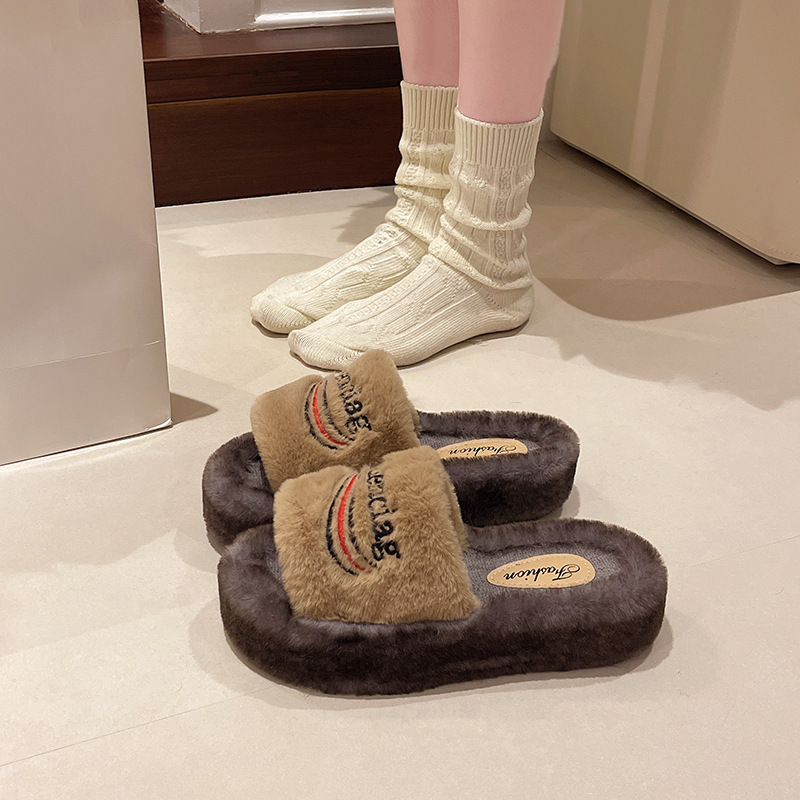 仙女風フレンチスタイルの毛皮スリッパ、女性用、2025秋冬新作、小香風厚底滑り止めスリッパ|undefined