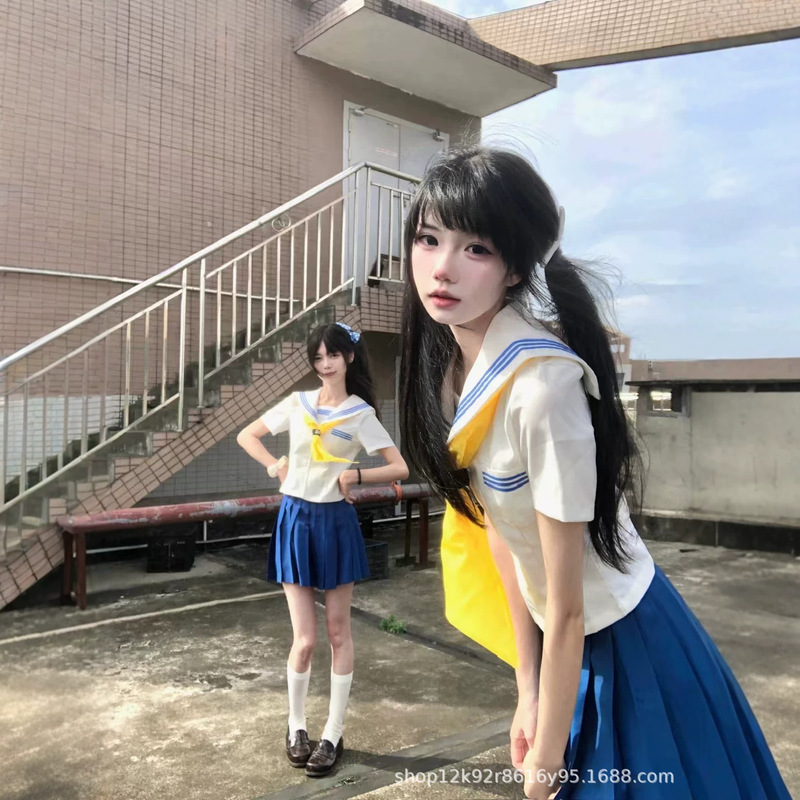 Original Jk Uniform White-Collar Blue Three-Striped Sailor Suit Navy Blue Jk Skirt New Style Academy Style Outfit Complete Set