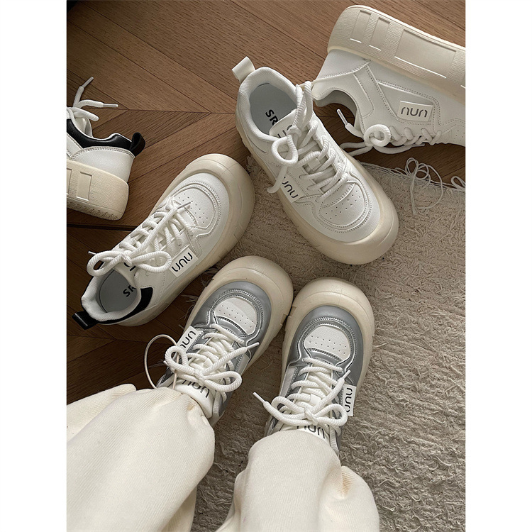 Versatile Retro High-end Round-toe Thick-soled White Shoes For Women Spring Height-enhancing Low-top Sports Shoes
