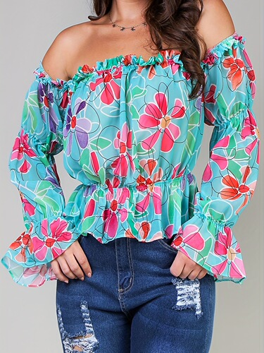 Off Shoulder Blouse with Frill Trim Chiffon Blouse