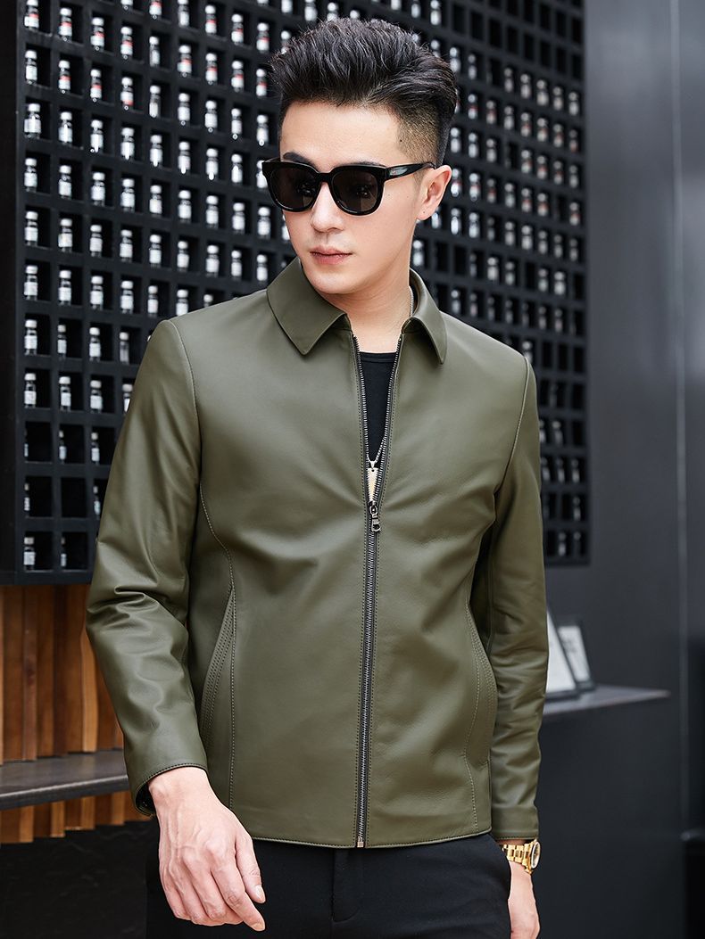 Short Leather Jacket for Men, Haining Genuine Leather Zipper Jacket, Sheepskin Business Casual Middle-Aged Leather Jacket with Lapel for Spring