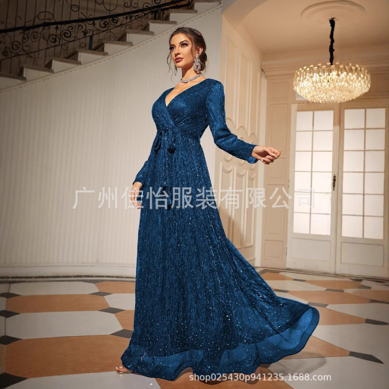 European and American long sleeve evening dress winter new banquet ball party dress long annual evening dress women wholesale