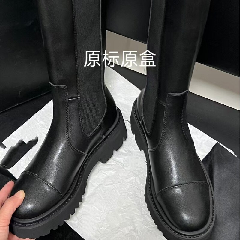 Black thick-soled Chelsea ankle boots for women, new autumn and winter style, with spliced leather, round toe, elastic sock boots, fashionable and versatile trendy design