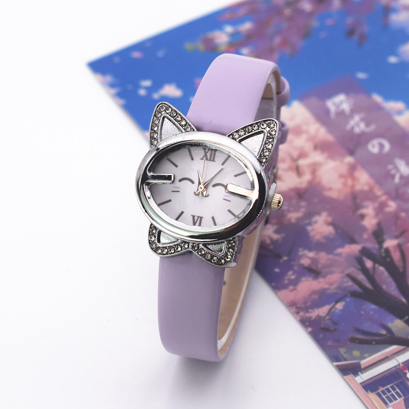 新款时尚卡通眯眼猫咪手表女士镶钻儿童仿皮腕表可爱学生手表现货