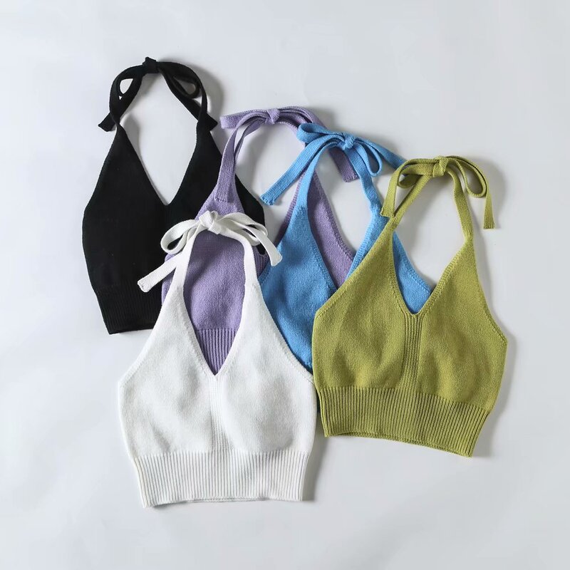 Vintage Girl's Sexy Knitted Vest Sweet Candy Color Strap Navel Sling Neck Tube Top