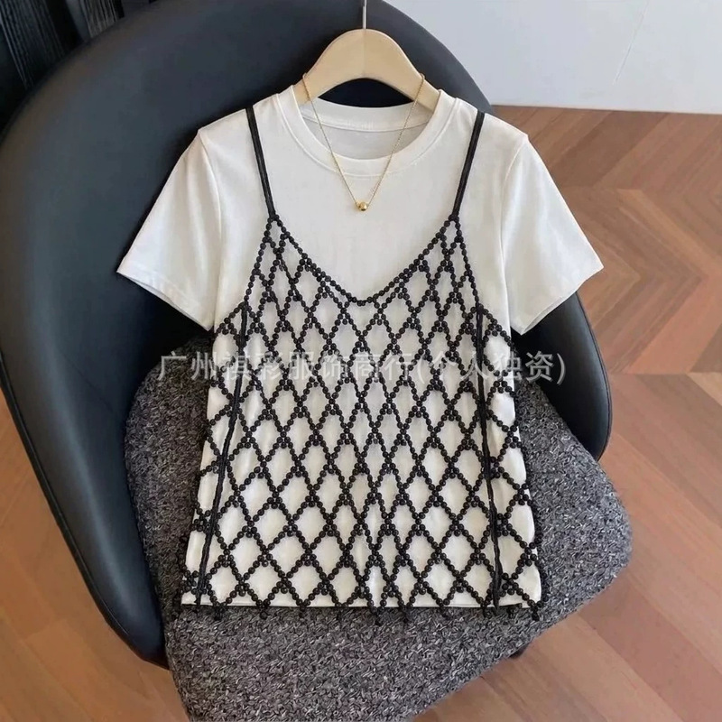2026 Summer New Style Imitation Pearl Diamond-Shaped Mesh Suspender Sexy Hollow-Out Outerwear Layered Knit Vest for Women