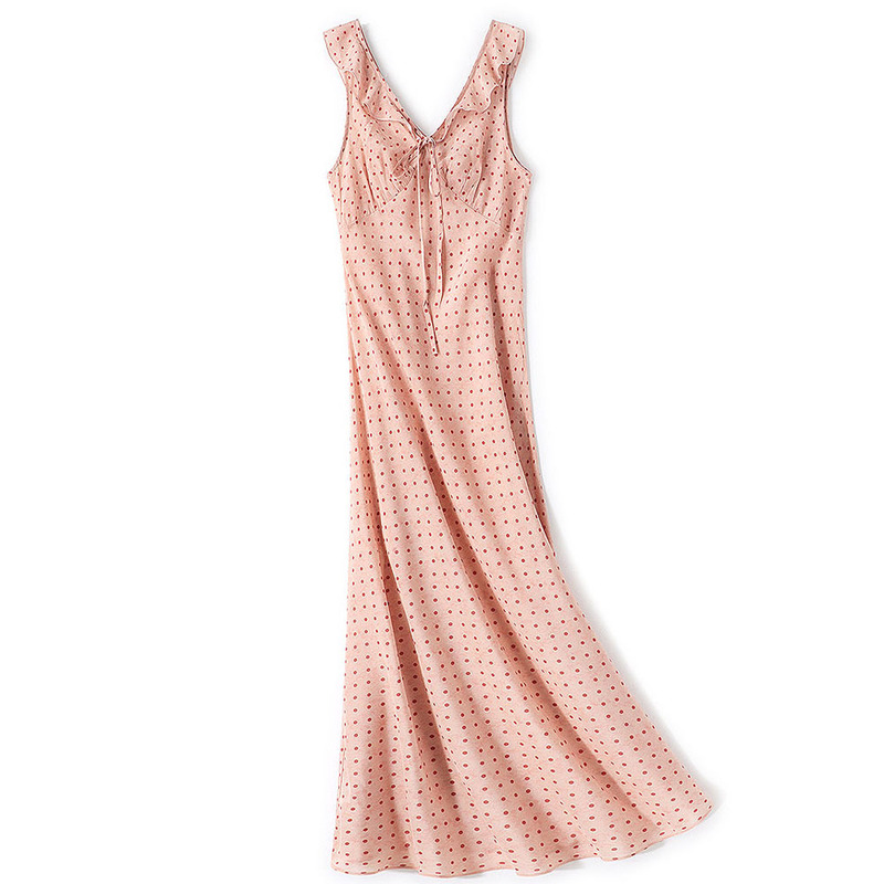 Printed mulberry silk dress with ruffles, bias-cut, extra-long, sleeveless, slim-fit, sweet, polka dot, double V-neck Printed mulberry silk dress with ruffles, bias-cut, extra-long, sleeveless, slim-fit, sweet, polka dot, double V-neck