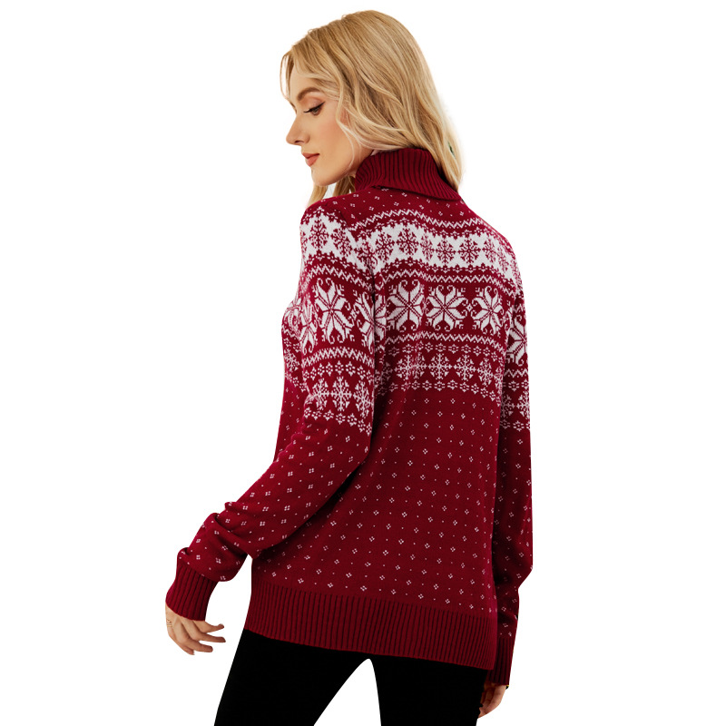 Vêtements pour femmes automne et hiver nouveau pull jacquard col roulé rouge pull de Noël flocon de neige tricoté chemise de fond_voghion.com