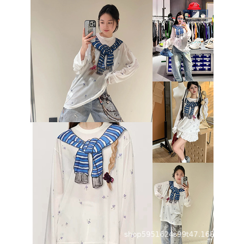 现货发！FD25夏季新款趣味手绘绑结小碎花罩衫上衣女