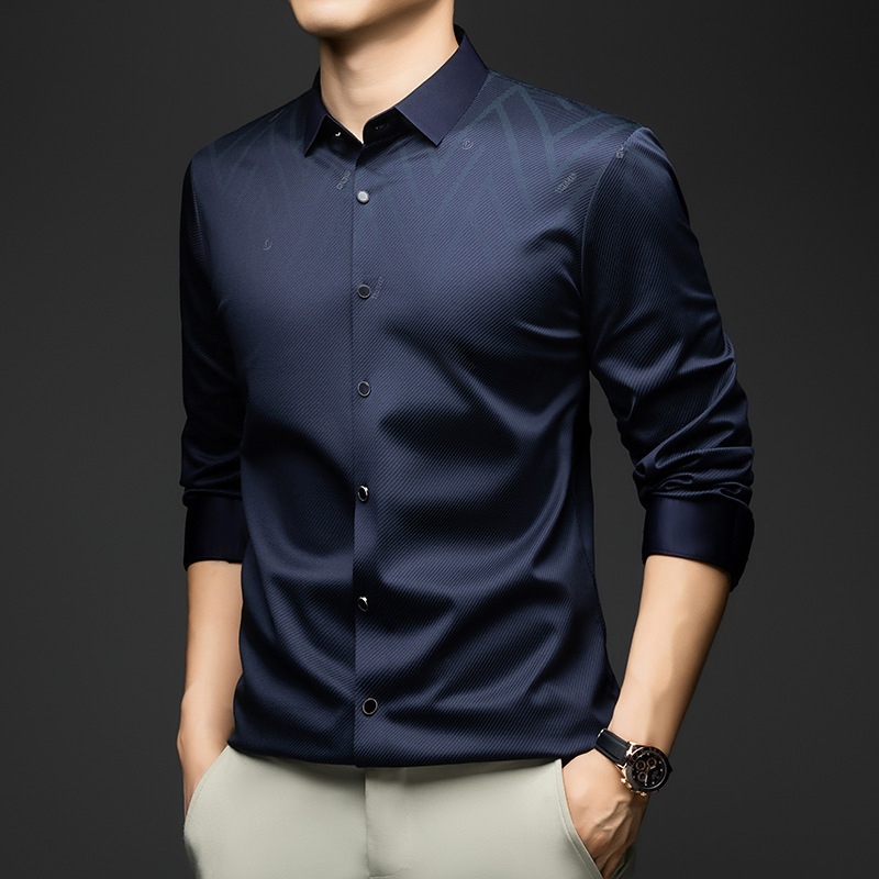 2025 Autumn New Striped Long Sleeve Slim Shirt Men's Casual Business Shirt Jacquard Shirt Dropshipping