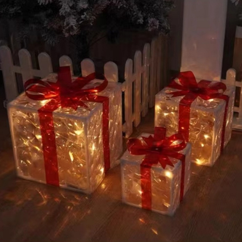 Fábrica nueva caja de regalo de Navidad conjunto de tres piezas accesorios de decoración de fiesta de cumpleaños de Navidad luces de Navidad adornos de regalo