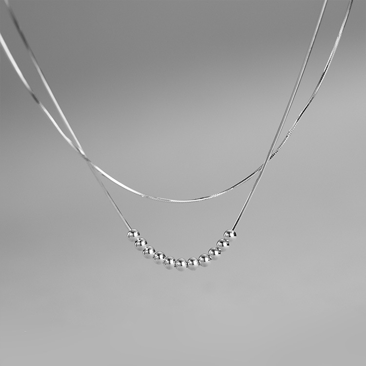 Double layered round bead S pure silver necklace for women, trendy, light luxury, niche design, sweater, collarbone_voghion.com