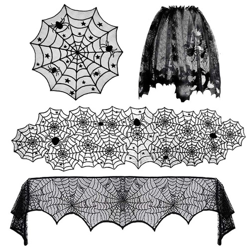 European and American Halloween table flag and tablecloth set, black lace spider web tablecloth, table flag cloth, fireplace cloth
