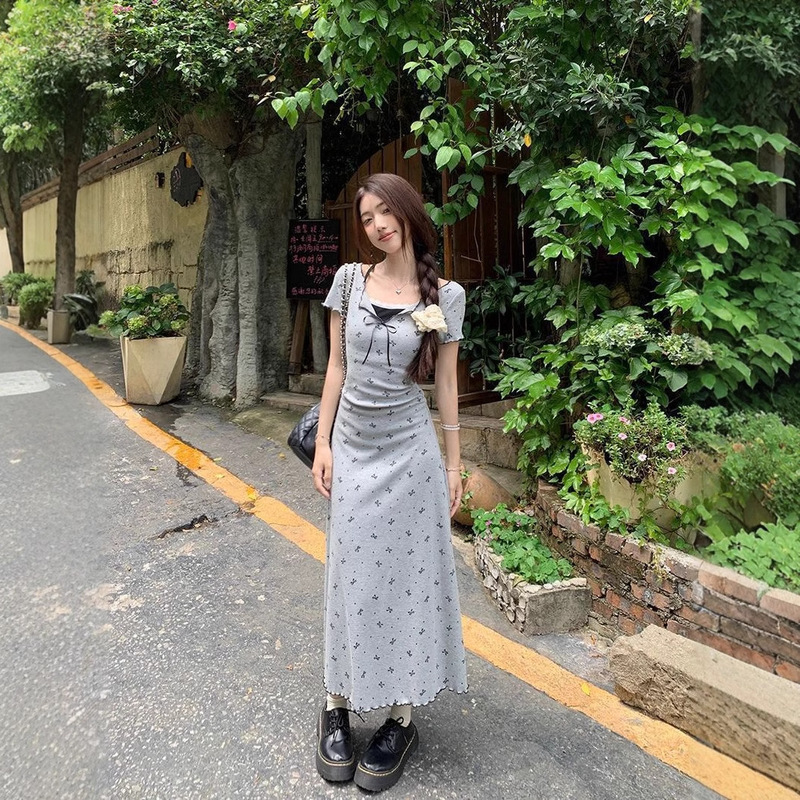 Fake Two-piece Bow Printed Short-sleeved dress Women's Summer Elegant Lace Waistline Slimming A- line Long Dress