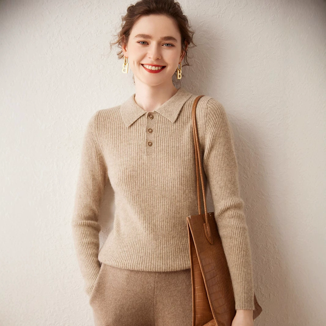 2024 Осень и зима свитер женский обтягивание с воротником-поло вязаный свитер сплошной кашемировый нижний свитер повседневный дикий