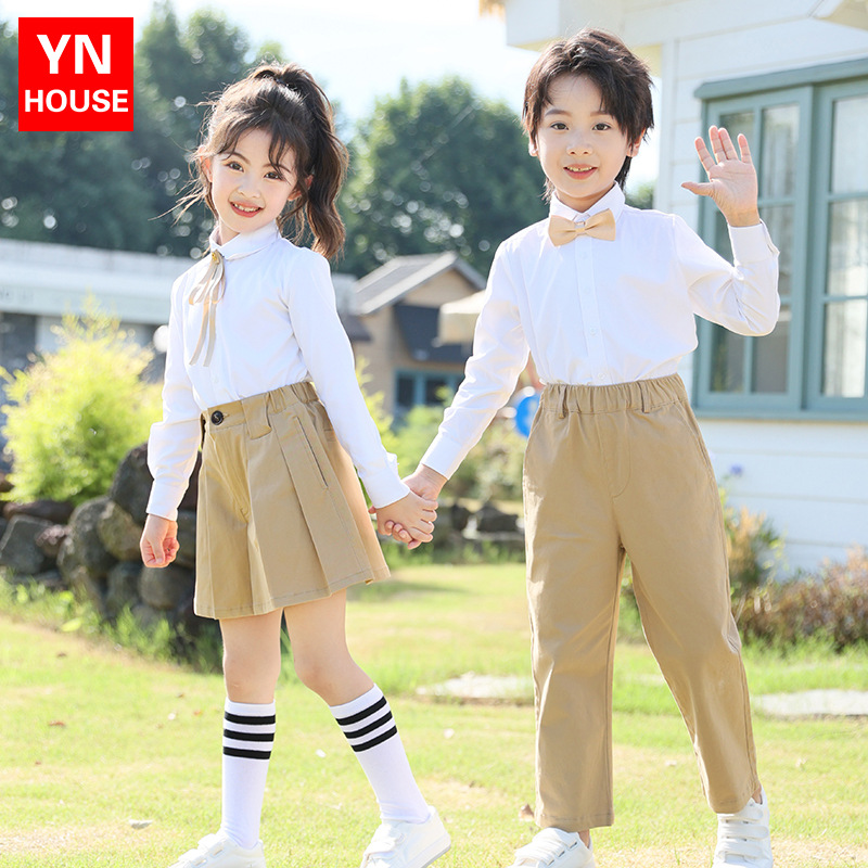 Jardín de infantes uniformes escolares vestidos de niños nuevos productos de rendimiento de coro caqui vestidos de estudiantes de escuela primaria vestidos de jardín