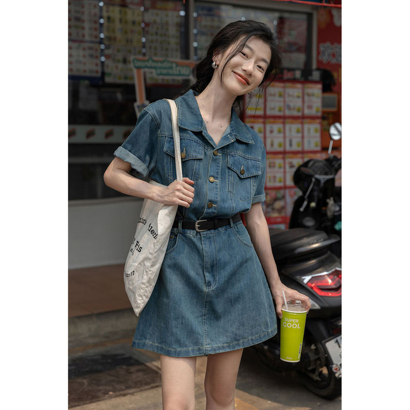 Hong Kong Style Retro Denim Dress for Women 2025 Spring and Summer New Style Complete Set with Petite Denim One-Piece Dress