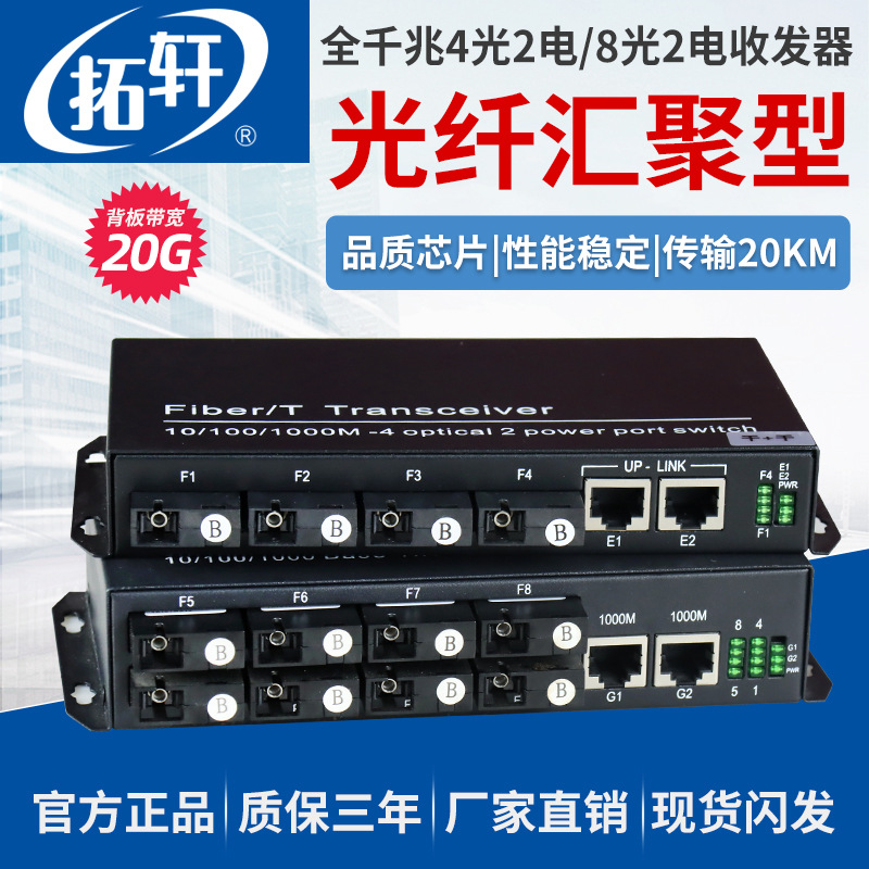 拓轩千兆4光2电光纤收发器单模8光2电光电转换器级联汇聚交换机