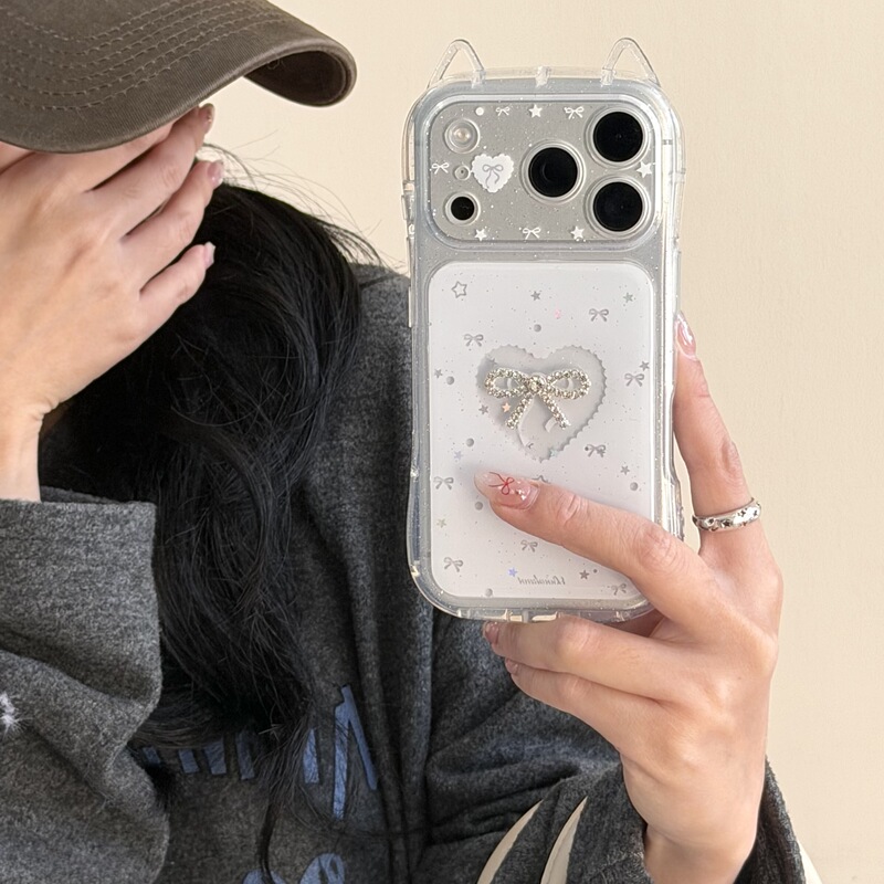 Cat Ears Ins Heart-Shaped Hollow Bow Suitable for Iphone17Promax Apple 16 New Model 15 Mobile Phone Case 14 Cat Ears Ins Heart-Shaped Hollow Bow Suitable for Iphone17Promax Apple 16 New Model 15 Mobile Phone Case 14