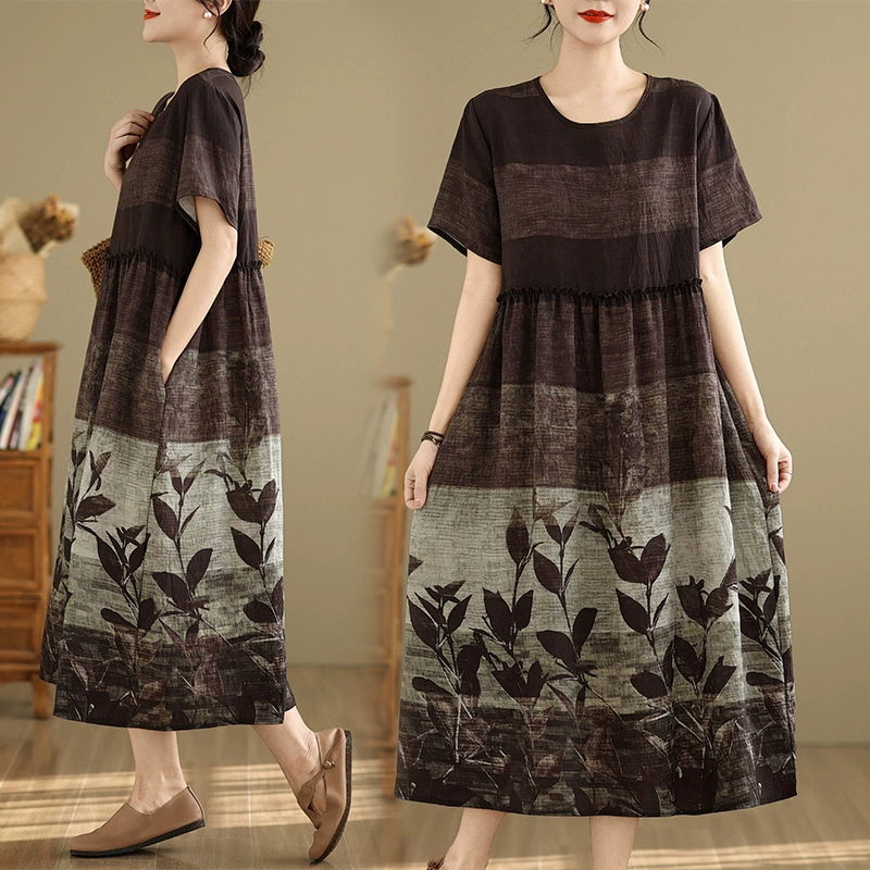 2025 Летний большой размер толстый MM национальный стиль принт хлопчатобумажное платье с короткими рукавами