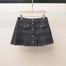 M家秋冬新款法式学院风减龄复古A字高腰显瘦短款格纹百褶半身裙女