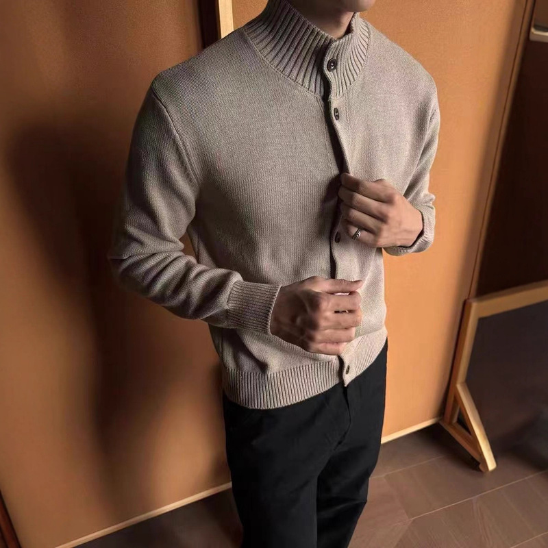 American-Style Tough Guy Cardigan, Thick Knit, Heavy Weight, Solid Color, German-Style Button Knitwear, High-End Long-Sleeve Top for Men