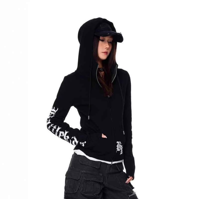American Retro Letter Print Hooded Sweatshirt for Women Early Autumn New Slim Fit Zipper Kangaroo Pocket Long Sleeve Top