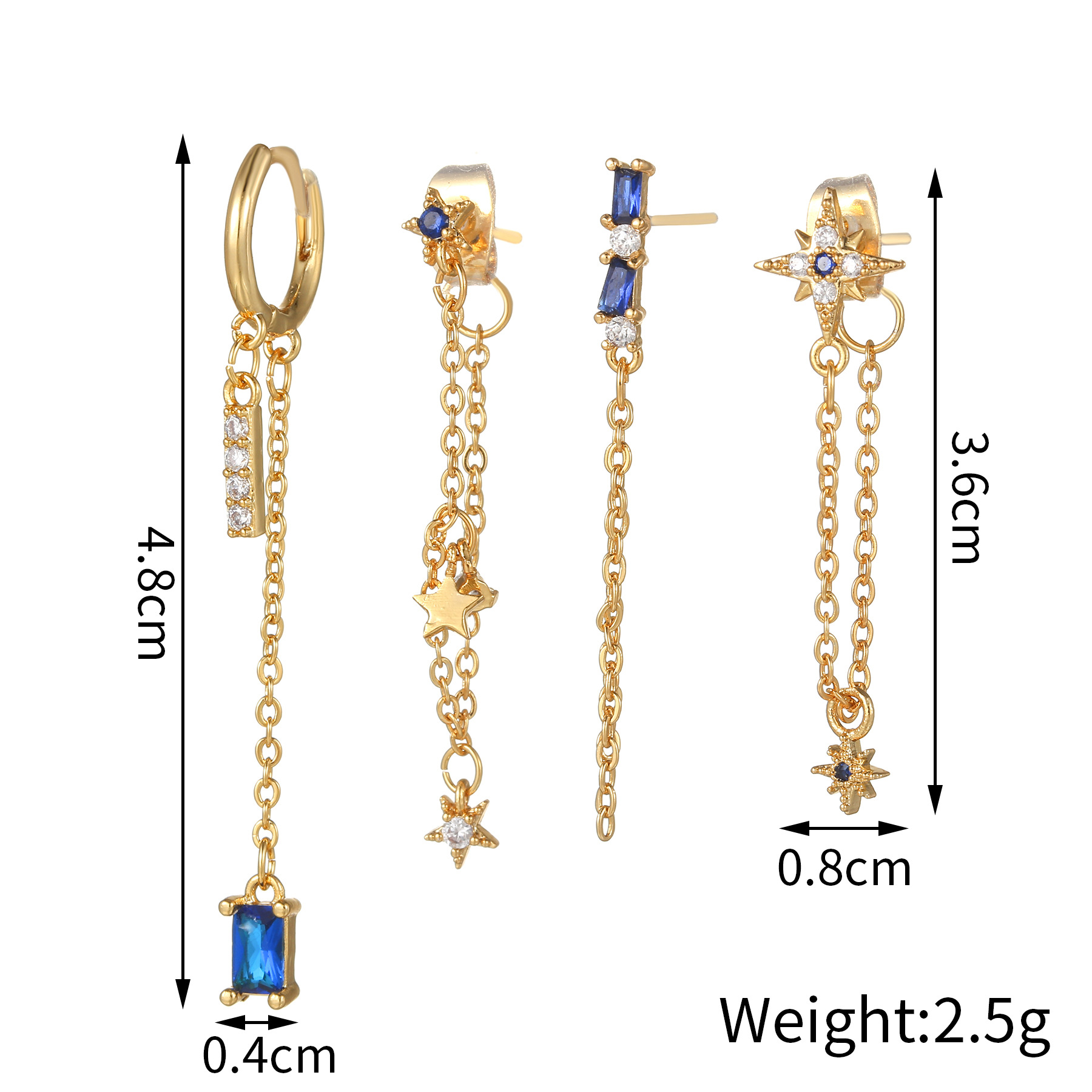 Fashion Blue Black Zircon Chain Star Earrings Five-Piece Alloy Set