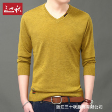 曼茨帛秋季中年男士V领羊毛衫薄款毛衣套头纯色休闲针织打底上衣