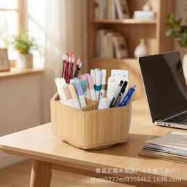 跨境木质可旋转笔筒化妆刷收纳盒办公文具剪刀储物盒遥控器整理盒