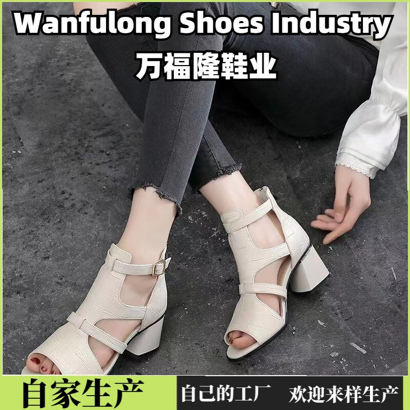 2023 Fish Mouth Roman High Heel Sandals for Women, Chunky Heel Hollow Out Sandals, Short Boots, Mid-Heel Faux Leather Shoes with Hollow Design
