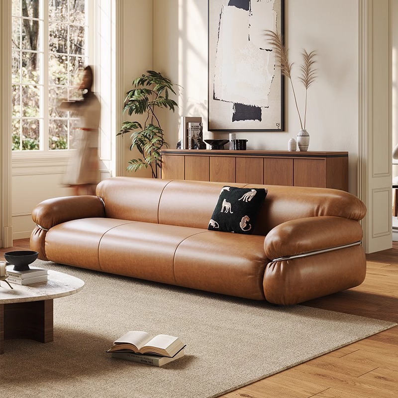 Retro Steel Tooth Leather Sofa Designer Living Room Antique Style Nordic Steel Ring Oil Wax Leather Sofa Normcore Modern Sofa