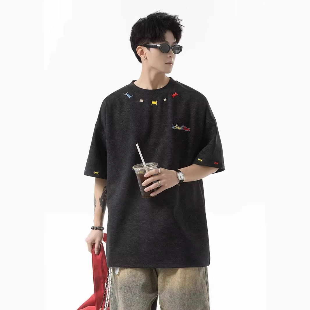 Мужская футболка с короткими рукавами и вышивкой в ​​американском стиле, летняя тонкая свободная универсальная повседневная модная брендовая мужская одежда с короткими рукавами в стиле ретро