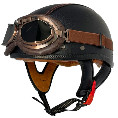 helmet cross-border scoop helmet small, Motosiklet kaskı (dəbilqə) - black-and-red-line-leather-helmet-copper-mirror-m