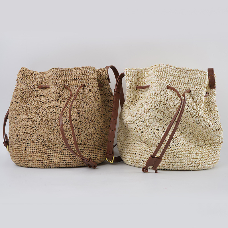 2026 New Arrival Women's Woven Shoulder Bag - Summer Beach Vacation Vintage Large Capacity Hollow Out Bucket Straw Bag - Thumbnail 4
