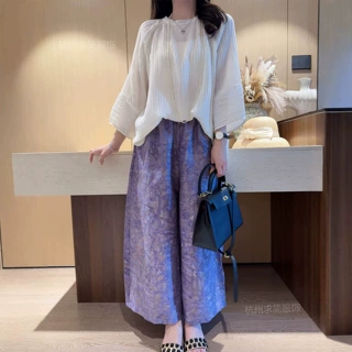 现货走路带细闪新中式紫色浮光锦天丝亚麻宽松阔腿九分裤夏